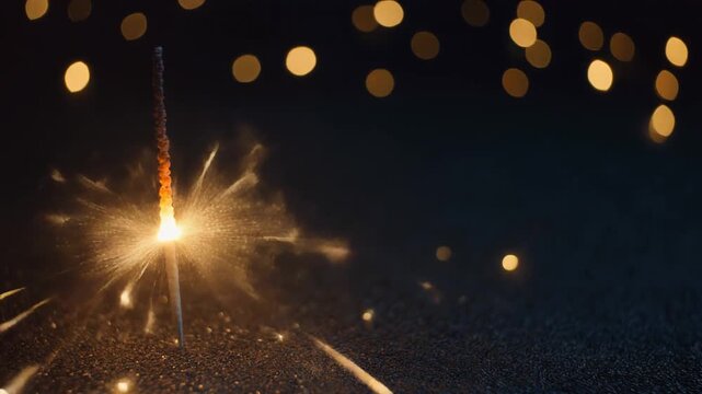 Sparkler Igniting at Night, Firework Celebration, Close-Up View, Dark Outdoor Environment, Festive Action Capture