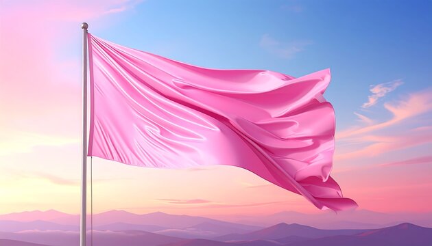 A vibrant pink flag billows against a sunset sky