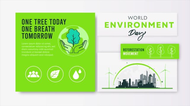 Clean eco-themed motion background featuring environmental protection, reforestation awareness, and sustainable city concept. Modern flat illustration style with green color palette, forestation
