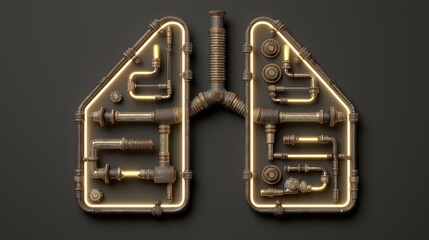Steampunk mechanical lungs made of rusty pipes and glowing neon lights on dark background