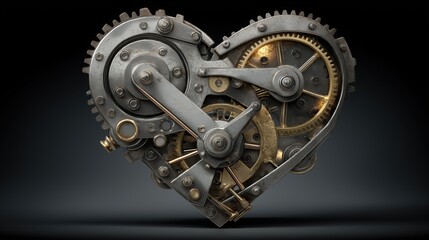 Realistic mechanical heart made of steel gears and vintage machine parts on dark background