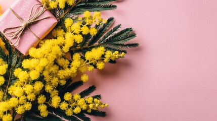Beautiful spring flat lay of yellow mimosa flowers and gift box on pink background with copy space