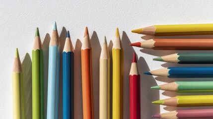 Fototapeta premium Bright colored pencils neatly arranged on a pure white background, vibrant hues, sharp tips, smooth wood texture, flat lay, clean minimal studio stationery photo