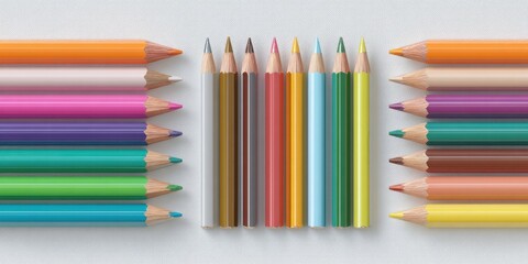 Fototapeta premium Bright colored pencils neatly arranged on a pure white background, vibrant hues, sharp tips, smooth wood texture, flat lay, clean minimal studio stationery photo