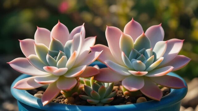 &ldquo;Close-up of two succulents in blue pot with fleshy rosette leaves showing green, pink, and purple gradient&rdquo;