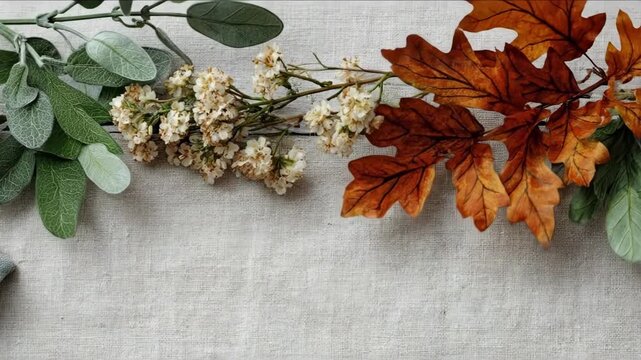 Autumnal arrangement of faux fall leaves, green foliage, and dried flowers on a rustic fabric background for seasonal decoration.