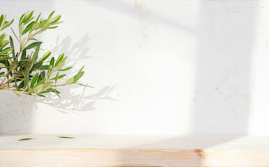 Wooden table and tropical plant branch with silhouette shadow on abstract texture concrete wall
