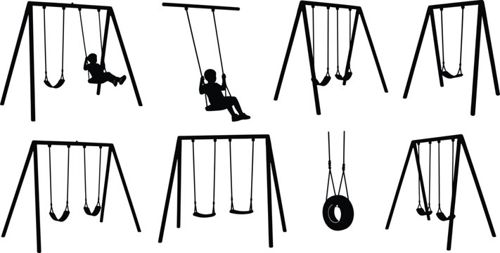 Black and white silhouettes of multiple swing sets and children playing