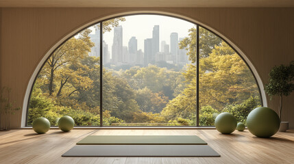Bright morning yoga studio with green yoga mats and fitness balls on wooden floor, large arched windows overlooking city skyline, soft morning light, fresh atmosphere, urban wellness