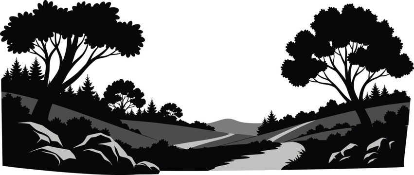 Silhouette landscape with trees rolling hills and a winding river pathway
