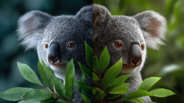 Adorable koala peeking through lush green leaves, showcasing its distinct features and playful personality.