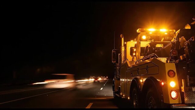 Tow truck with flashing lights parked on a highway shoulder at night. Time-lapse of traffic light trails. Roadside assistance and emergency service concept