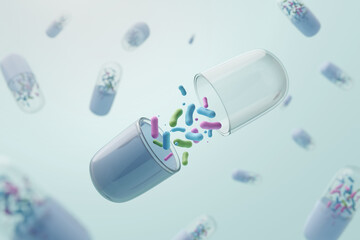 Opened capsule with multi-strain probiotic formula concept. 3D illustration