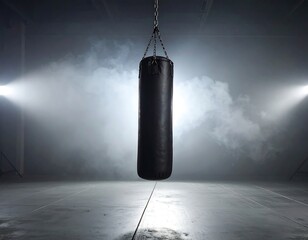Black punching bag suspended, center stage, with dramatic lighting and smoke