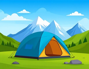 Cartoon illustration of a blue tent amidst mountains and green landscape