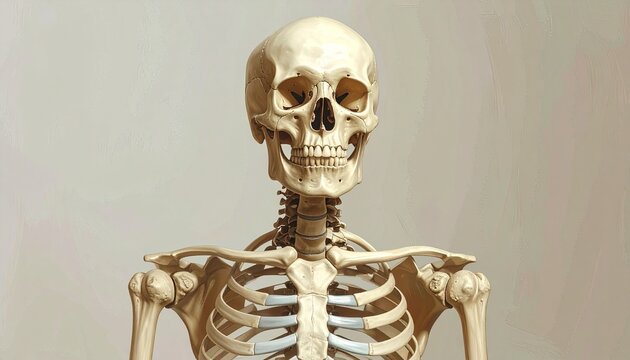 Anatomical human skeleton chest cavity, showing ribs, spine and shoulder bones in detail