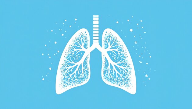 Illustration of human lungs with respiratory system detail on a blue background