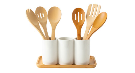 Wooden kitchen utensils isolated on transparent background