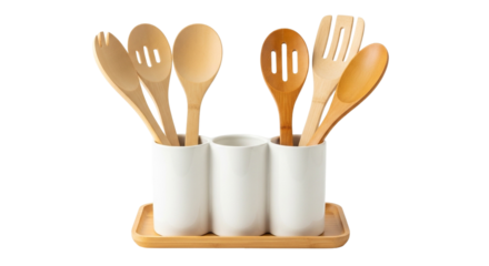 Wooden kitchen utensils isolated on transparent background