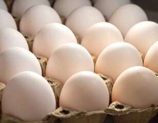 Close-up of a full carton of white, fresh, and spherical eggs
