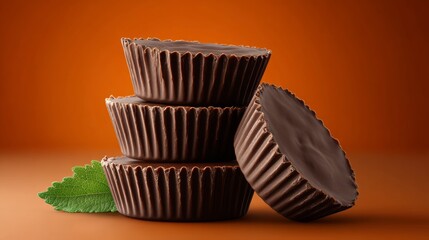 A stack of chocolate candies with a green leaf on top. The candies are in a pyramid shape and are placed on a red background