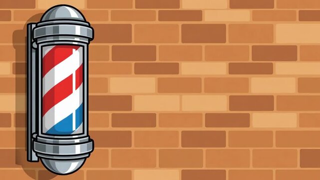 Barber pole rotation on brick wall: classic red, white, and blue motion