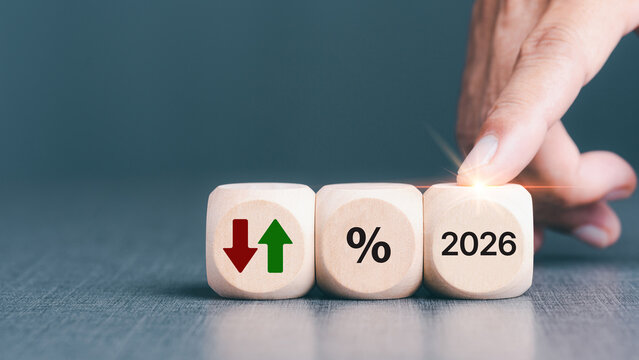 2026 Business performance concept. Economic and financial analysis, rising and falling trend. Interest rate, stocks, financial, ranking, mortgage and loan rates. Percent, up or down arrow symbol icon.