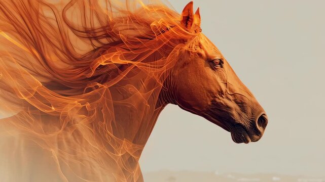 A horse with a fiery mane and a fiery expression. The horse is the main focus of the image. Fire horse profile, smooth flame gradients, powerful calm presence, clean background