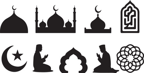 A collection of black silhouettes depicting Islamic architecture, prayer, and religious symbols on a white background.