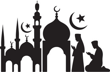 A collection of black silhouettes depicting Islamic architecture, prayer, and religious symbols on a white background.