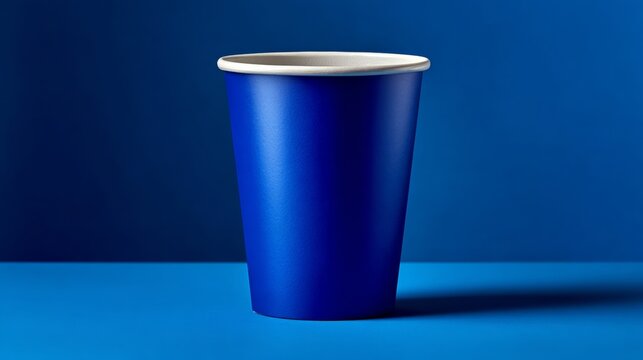 A blue cup sits on a blue surface. The cup is empty and has a white lid. The blue color of the cup and the surface creates a calm and serene mood