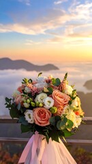 Close-up of floral bouquet with a mountainous sunrise backdrop