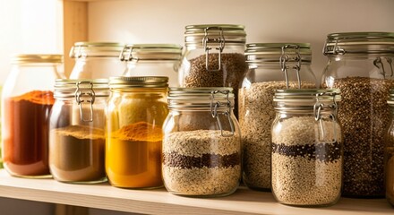 Various glass jars filled with healthy organic grains, spices, and dry food ingredients neatly arranged on a wooden kitchen shelf