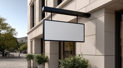 Obraz premium A white sign hangs on a building. The sign is blank, and the building is a brick building with a window