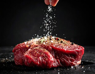 Close-up of raw beef being seasoned with salt and spices