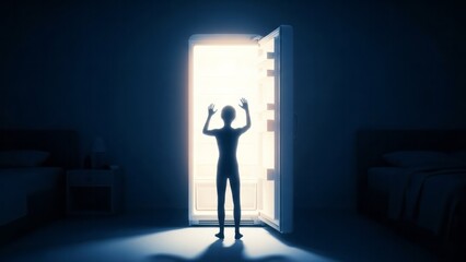 Obraz premium Mysterious Figure at Open Door Mystery Silhouette Light. Concept featuring mystery, silhouette, open door, light, dark room.