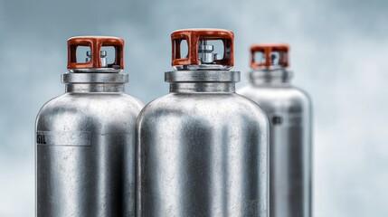 Three silver gas tanks with red caps. The tanks are stacked on top of each other. Concept of stability and strength, as the tanks are securely placed on top of one another
