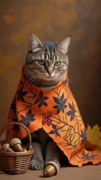 秋柄ポンチョの猫がどんぐり籠と寄り添う穏やかな秋のひととき
