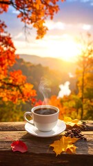 Coffee cup steaming on a rustic table with autumn leaves