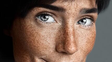 Obraz premium A woman with a very prominent nose and a very prominent eyebrow. The woman is smiling and looking at the camera