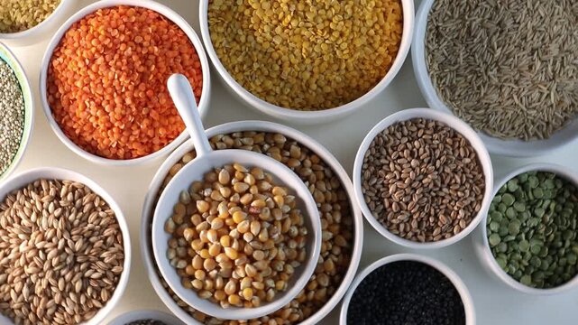 	Different types of grains and cereals . View from above