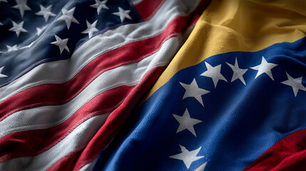 us flag and venezuelan flag waving together. relations between usa and venezuela. trade partner cooperation investments partnership agreements