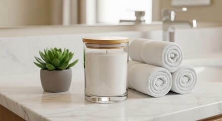 Clean modern bathroom counter with a white candle, a small green succulent plant, and neatly rolled white towels