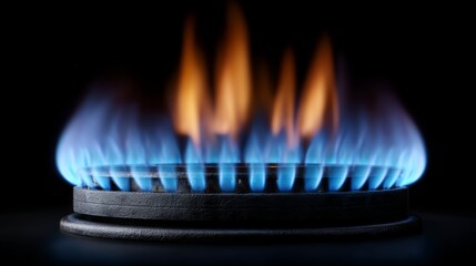 Blue gas flame burning on a stove against a dark black background