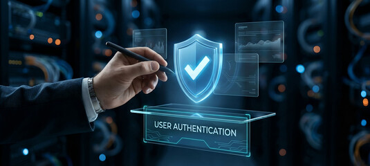 Secure authentication shield with checkmark for digital access