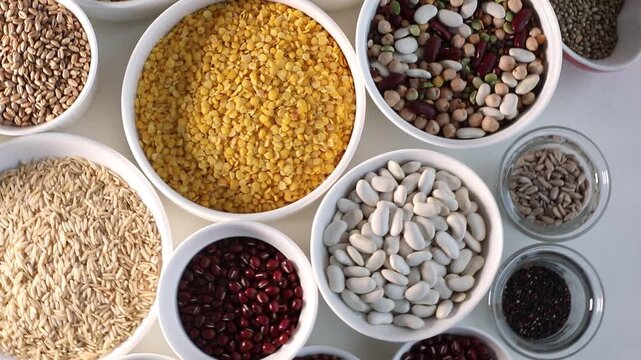 Different types of grains and cereals . View from above