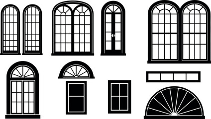 Arched window frame silhouette vector set featuring classic and modern architectural window designs isolated on white background for building facade and interior design