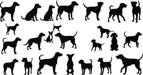 Dog silhouette vector set featuring playful, standing, sitting, and walking canine poses isolated on white background for pet, animal, and graphic design projects