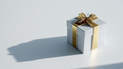 A single Christmas gift, tied with a minimalist bow, sits against a clean white background with faint shadows, in a modern advertising style.