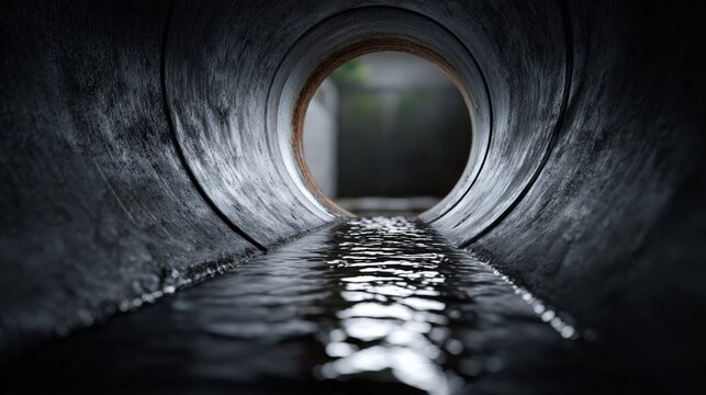 A dark tunnel with water running through it. The tunnel is narrow and the water is murky. Scene is eerie and mysterious